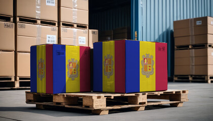 Stacked cardboard boxes and a Andorra flag on a pallet, representing international trade - obrazy, fototapety, plakaty