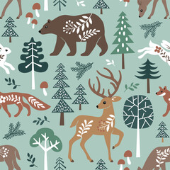 Fototapeta premium Seamless vector pattern with cute woodland animals, trees and leaves. Scandinavian woodland illustration. Perfect for textile, wallpaper or print design.