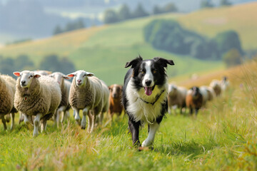 Energetic border collie running in the foreground with a flock of sheep in the background.