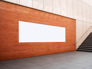 Billboard Banner signage mock up Media display on brick wall with stairs - 777049486