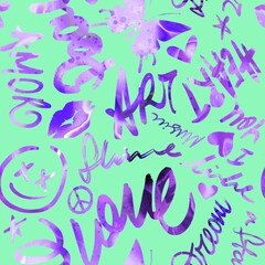 Abstract Hand Writing Slogans Text Words Geometric Shapes Lips Hearts Seamless Graffiti Street Art Pattern Isolated Background