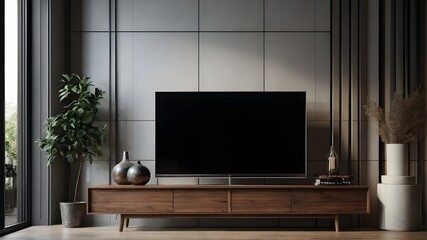 living room interior TV on cabinet in modern living room on transparent background.3d rendering