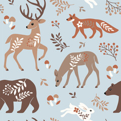 Fototapeta premium Seamless vector pattern with cute woodland animals, trees and leaves. Scandinavian woodland illustration. Perfect for textile, wallpaper or print design.