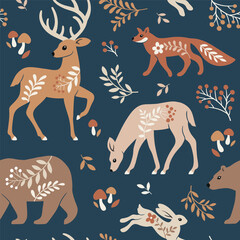 Seamless vector pattern with cute woodland animals, trees and leaves. Scandinavian woodland illustration. Perfect for textile, wallpaper or print design.