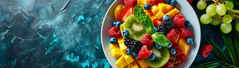 Bowl of mixed tropical fruits eye-level - obrazy, fototapety, plakaty