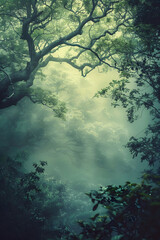 Ethereal forest in dreamscape misty morning