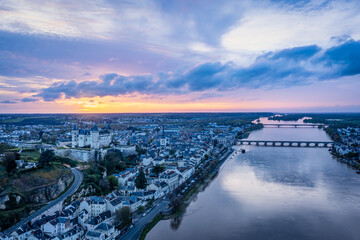 Sunset Panorama Over Saumur, Loire River, France 
