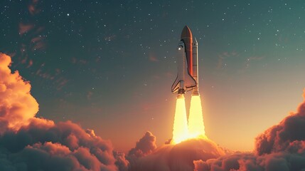 Obraz premium Spaceship base and a spaceship is being launched into the sky. with smoke floating in the air and a fairy light