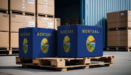 Stacked cardboard boxes and a Montana flag on a pallet, representing international trade - obrazy, fototapety, plakaty
