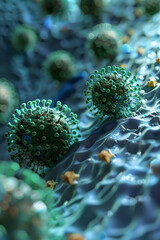 3D medical model of virus in cellular matrix microscope angle - obrazy, fototapety, plakaty