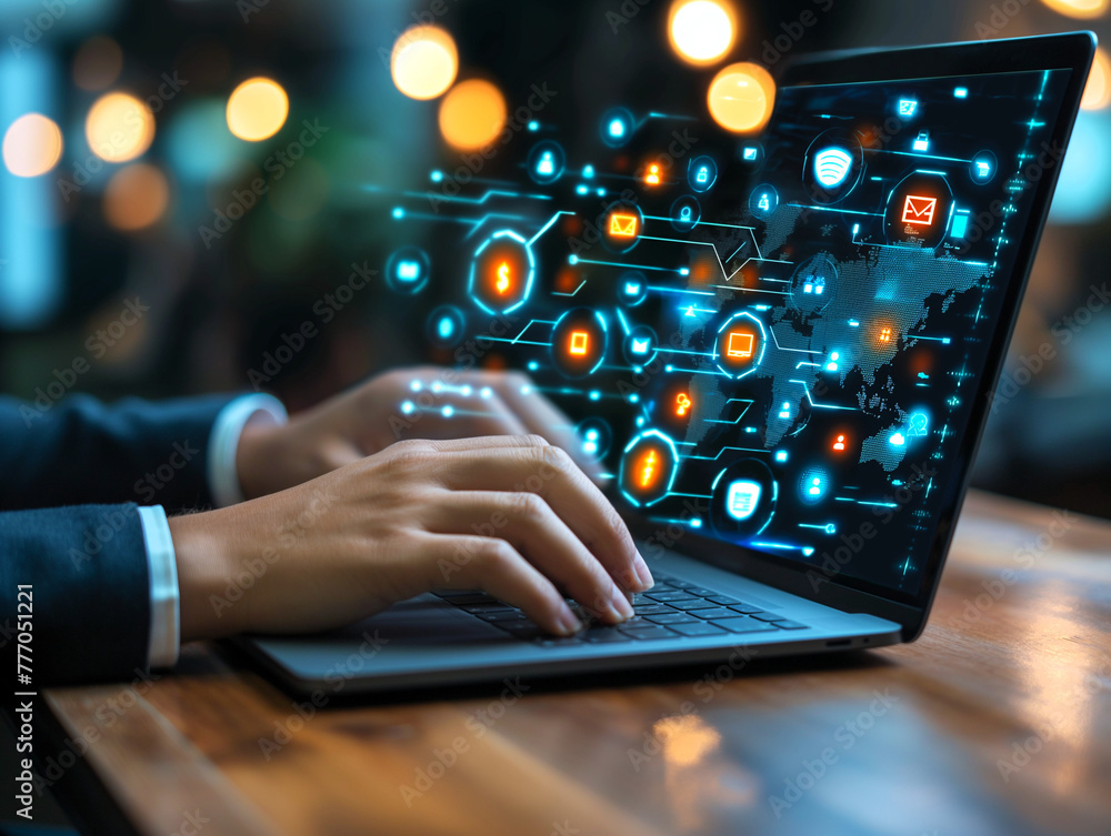 Poster businessman are conducting digital research or working on various topics via the internet using lapt
