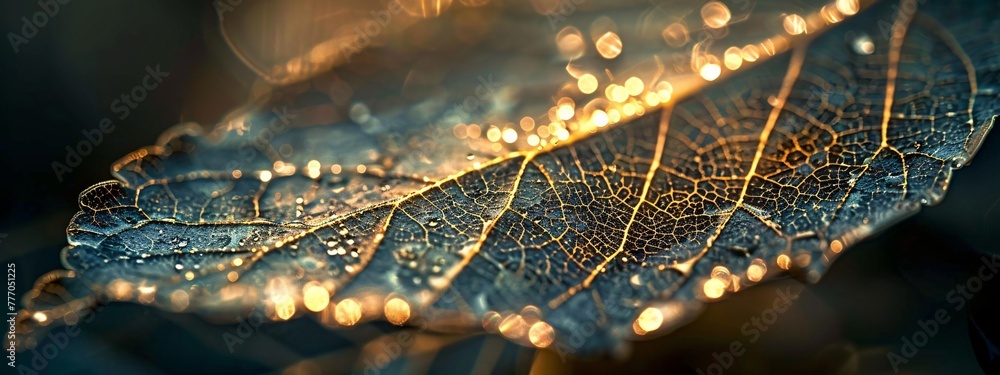 Poster autumnal reflections a close-up of a leaf's surface in the soft light of fall generative ai
