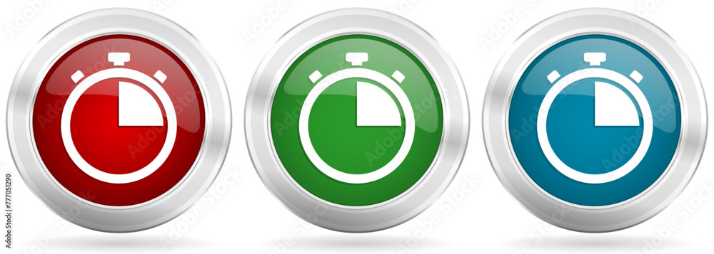 Poster stopwatch, watch vector icon set. red, blue and green silver metallic web buttons with chrome border