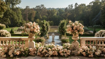 A lavish display of champagne roses adorns an ornate podium evoking a sense of sophistication and luxury. The backdrop of a meticulously . .