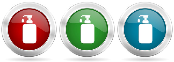 Liquid soap vector icon set. Red, blue and green silver metallic web buttons with chrome border
