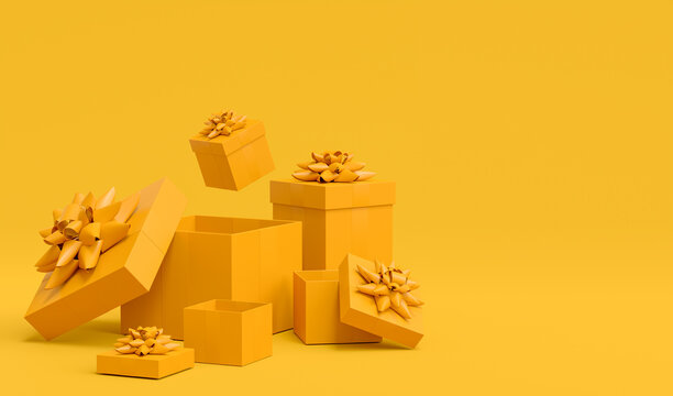 Gift boxes with ribbon and bow for Christmas flying and falling on monochrome