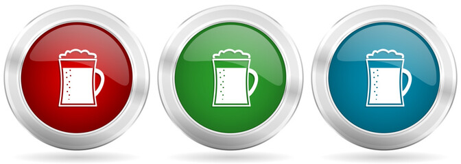 Beer in mug, lager, drink vector icon set. Red, blue and green silver metallic web buttons with chrome border