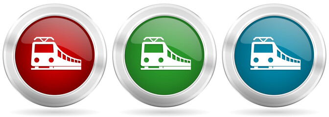 Train, railway, transportation vector icon set. Red, blue and green silver metallic web buttons with chrome border