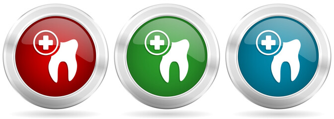 Dentist, dental, tooth vector icon set. Red, blue and green silver metallic web buttons with chrome border