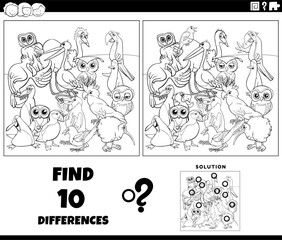 differences activity with cartoon birds coloring page