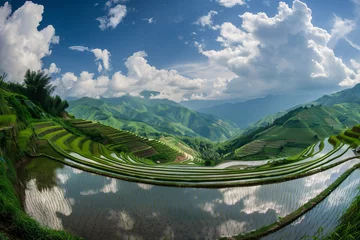Zelfklevend Fotobehang Panoramic view of terraced rice paddies, with each level reflecting the sky above, showcasing the artistry and labor intensity of traditional farming methods © Sergie