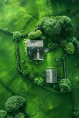 Gordijnen Aerial view of lush rural landscape with green fields and agricultural farm land © Ilja