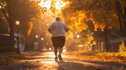 The image of an overweight man running reflects a personal victory, his action speaking to the courage and persistence required to embrace physical activity and embark on a path to better health.