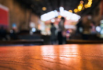 Table top wooden counter Blurred Cafe Bar restaurant interior background - 777052023
