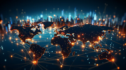 Abstract world map concept - global business network and connections, international data transfer and cyber technology.