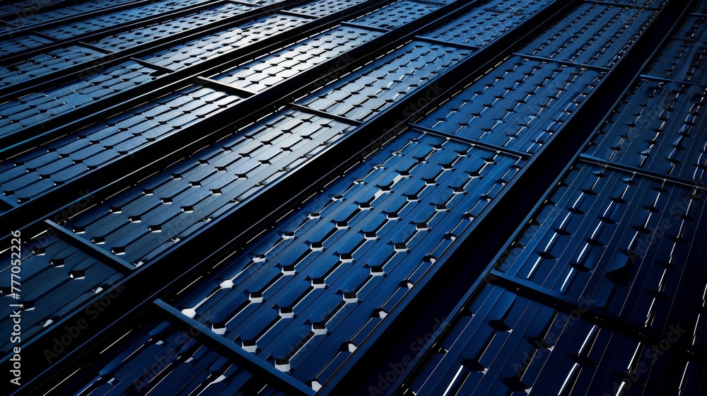 Poster an array of solar panels each with a nearly identical pattern of neat and evenly spaced cells highli