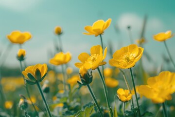Fototapeta premium Buttercup Meadow: Stunning Macro Shot of Beautiful Yellow Buttercup Flowers with Clear Blue Sky Overhead