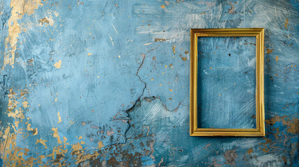 The luster of a rectangle gold frame juxtaposed with the rough, weathered blue background creates a captivating visual, balancing opulence with a gritty aesthetic.