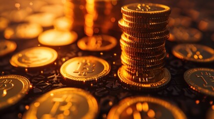 Money symbol with a stack of gold bitcoin coins on a dark background Beautiful coin with Bitcoin symbol