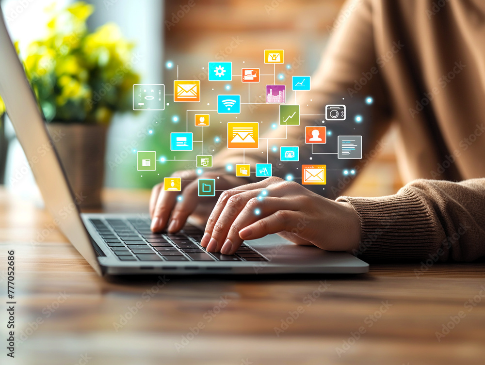 Aufkleber businessman are conducting digital research on various topics via the internet using laptop computer