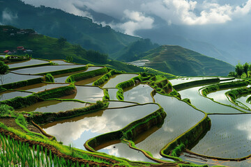 Panoramic view of terraced rice paddies, with each level reflecting the sky above, showcasing the artistry and labor intensity of traditional farming methods