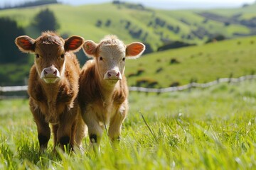 Curious Baby Cows Grazing in a Meadow - A Delightful View of Farming and Agriculture