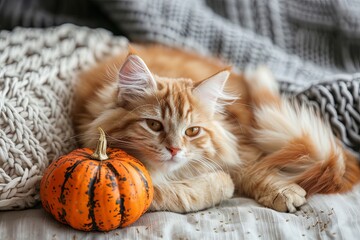 Felidae Cat with whiskers lying next to a small pumpkin, enjoying natural foods