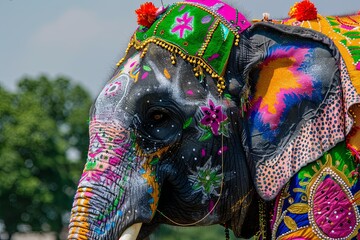 Colorful elephant with a green hat on its head, celebration asian indian - obrazy, fototapety, plakaty
