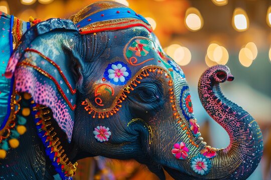 Closeup of a beautifully decorated Indian elephant at a temple event, holi vesak indian asian celebration