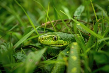 Green Snake in the Grass - A Majestic Reptile Gliding Through Nature's Scenery