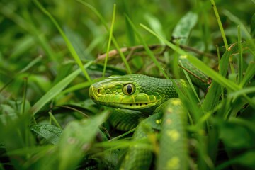 Obraz premium Green Snake in the Grass - A Majestic Reptile Gliding Through Nature's Scenery