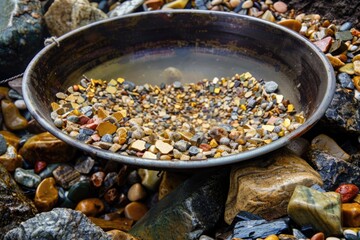 Gold Panning Adventure: Prospector Equipment and Tools for Sifting, Sorting, and Classifying Soil, Pebbles, and Gems for Mining - obrazy, fototapety, plakaty