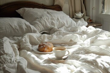 Fototapeta na wymiar Indulge in Luxury: Enjoy Breakfast in Bed with Soft Linen and Cozy Room Decor