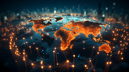 Abstract world map concept - global business network and connections, international data transfer and cyber technology. - obrazy, fototapety, plakaty