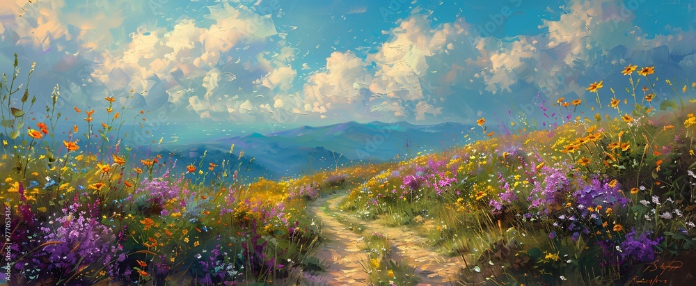 Poster serene path through a field of wildflowers generative ai