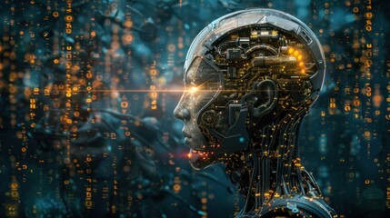 A digital rendering of a human face overlaid with complex circuit patterns and lighting illuminates the evolution of machine learning. From basic algorithms to advanced computers