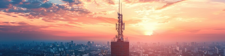 Telecommunication Tower on Sunset Skyline. Illustration of Urban Technology Industry, Communication Antennae, and Sky-rise Towers - obrazy, fototapety, plakaty