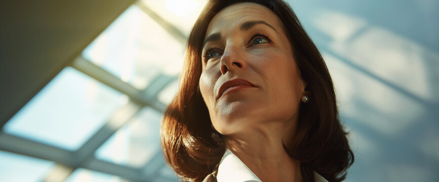 Close up portrait of mature professional woman wearing business suit and standing in office with leadership and confidence, low angle view with glass ceiling