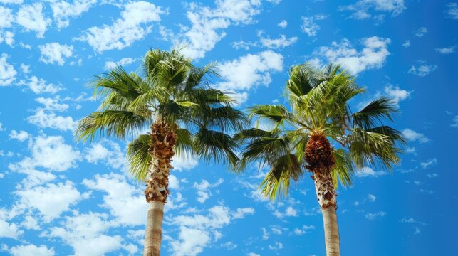 Two Palm Trees on a Sunny Day. Blue Sky as Summer Vacation Concept Card Idea