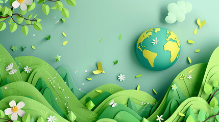 This Earth Day banner, crafted in a delightful paper cute style, showcases a green world theme with plenty of space for messages, perfectly embodying World Environment Day concepts. - obrazy, fototapety, plakaty